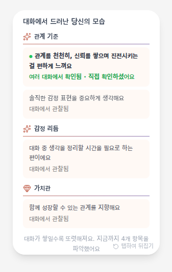Persona Card 뒷면 — 관찰된 성향 문장과 정정 UI